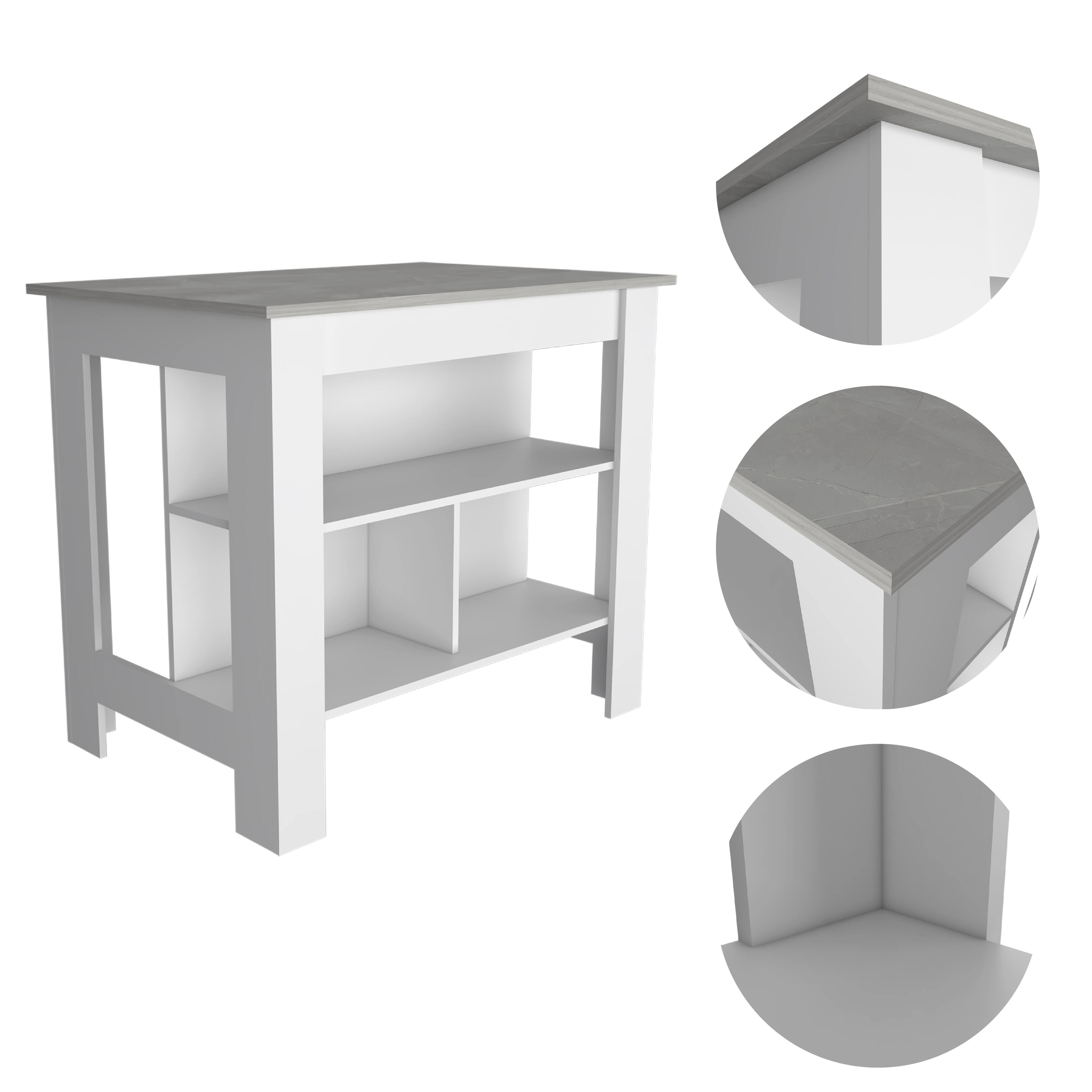 Alt View 1. TuHome - Cala Kitchen Island, Four Legs, Three Shelves, White and Ibiza Marble - White, Ibiza Marble.