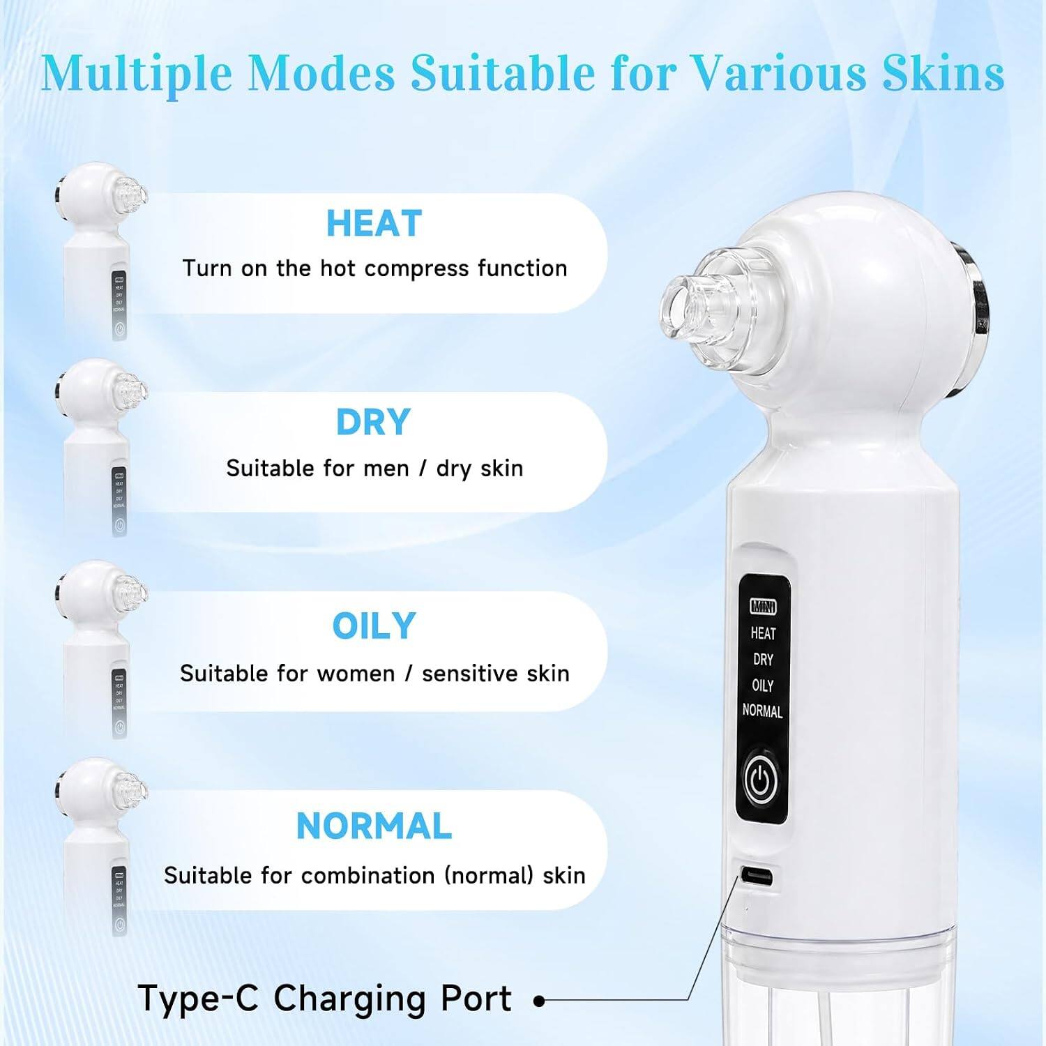 Multiple Modes Suitable for Various Skins

- HEAT: Turn on the hot compress function
- DRY: Suitable for men / dry skin
- OILY: Suitable for women / sensitive skin
- NORMAL: Suitable for combination (normal) skin

Type-C Charging Port