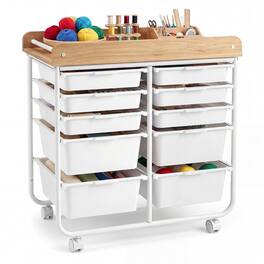 WELLFOR - 10-Drawer Rolling Storage Cart with Wooden Tabletop , Mobile Utility Organizer for Art & Craft Office School Storage - White