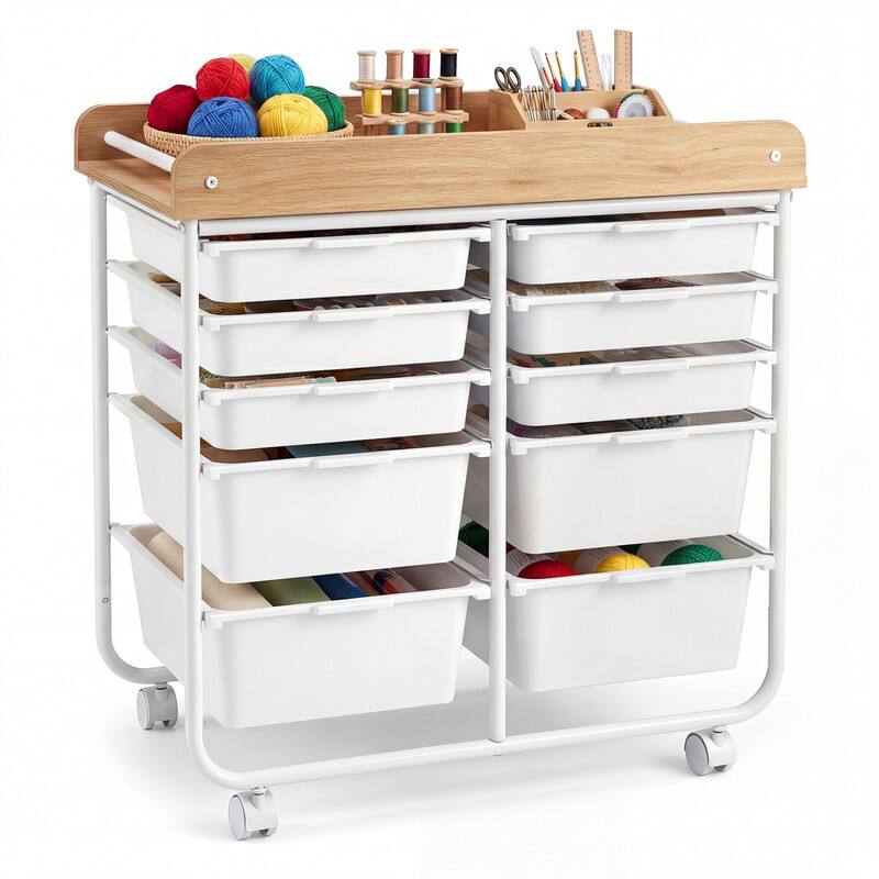 Front. WELLFOR - 10-Drawer Rolling Storage Cart with Wooden Tabletop , Mobile Utility Organizer for Art & Craft Office School Storage - White.