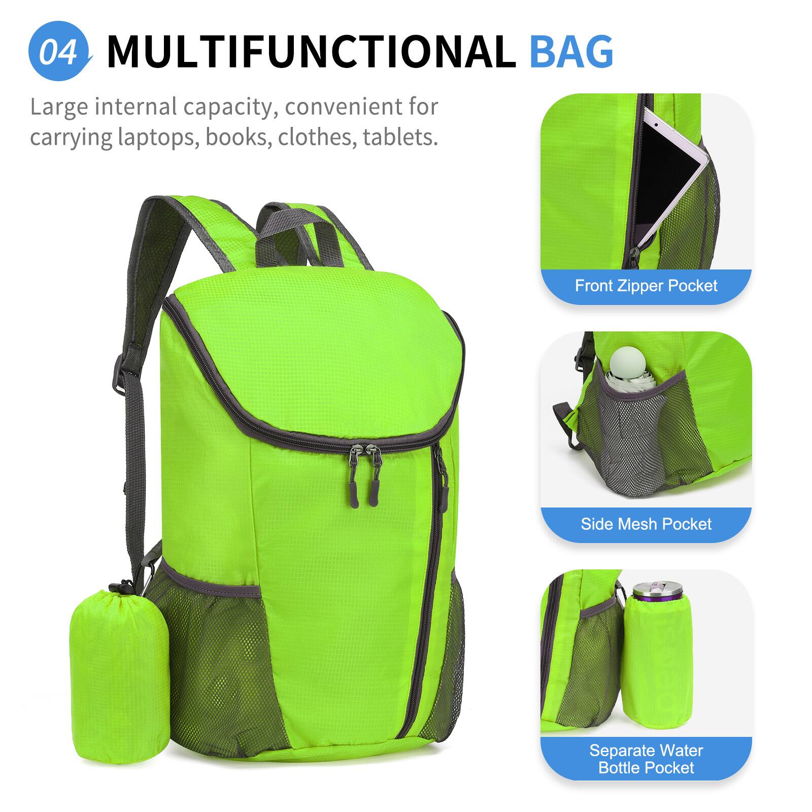 04 MULTIFUNCTIONAL BAG

Large internal capacity, convenient for carrying laptops, books, clothes, tablets.

- Front Zipper Pocket
- Side Mesh Pocket
- Separate Water Bottle Pocket