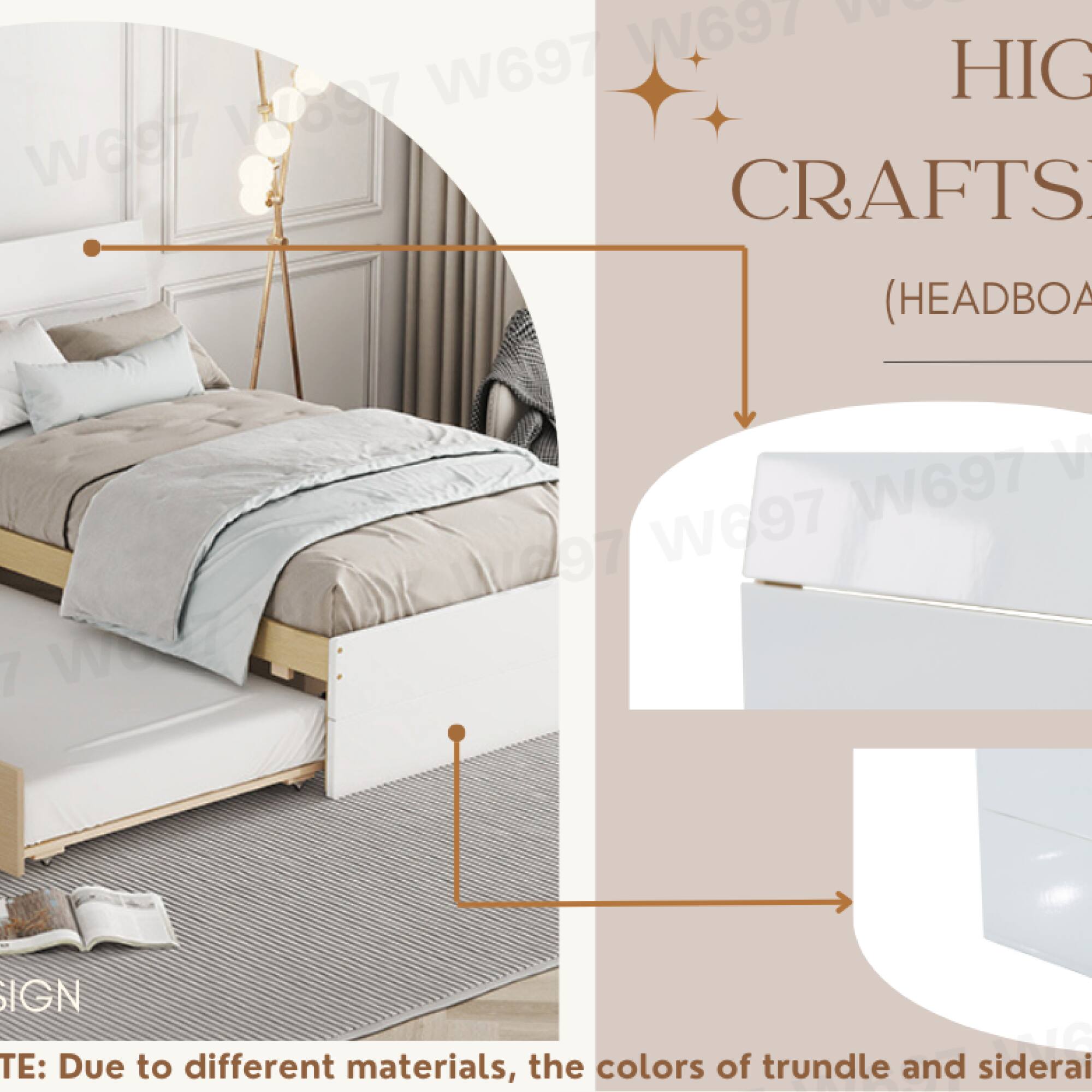 Sure, here is the corrected and grouped text:

---

**HIGH CRAFTS (HEADBOARD SIGN)**

**Note:** Due to different materials, the colors of trundle and sidera...

---

This text appears to be part of a product description or advertisement for a headboard, mentioning a note about color variations due to different materials.