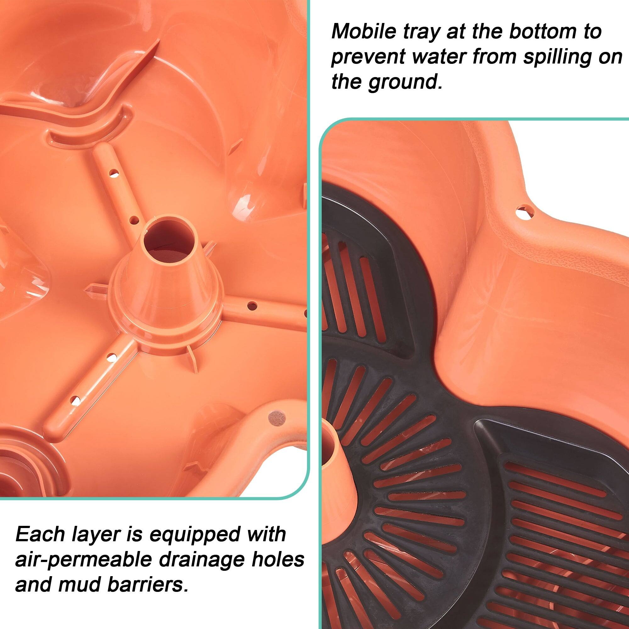 Mobile tray at the bottom to prevent water from spilling on the ground.

Each layer is equipped with air-permeable drainage holes and mud barriers.