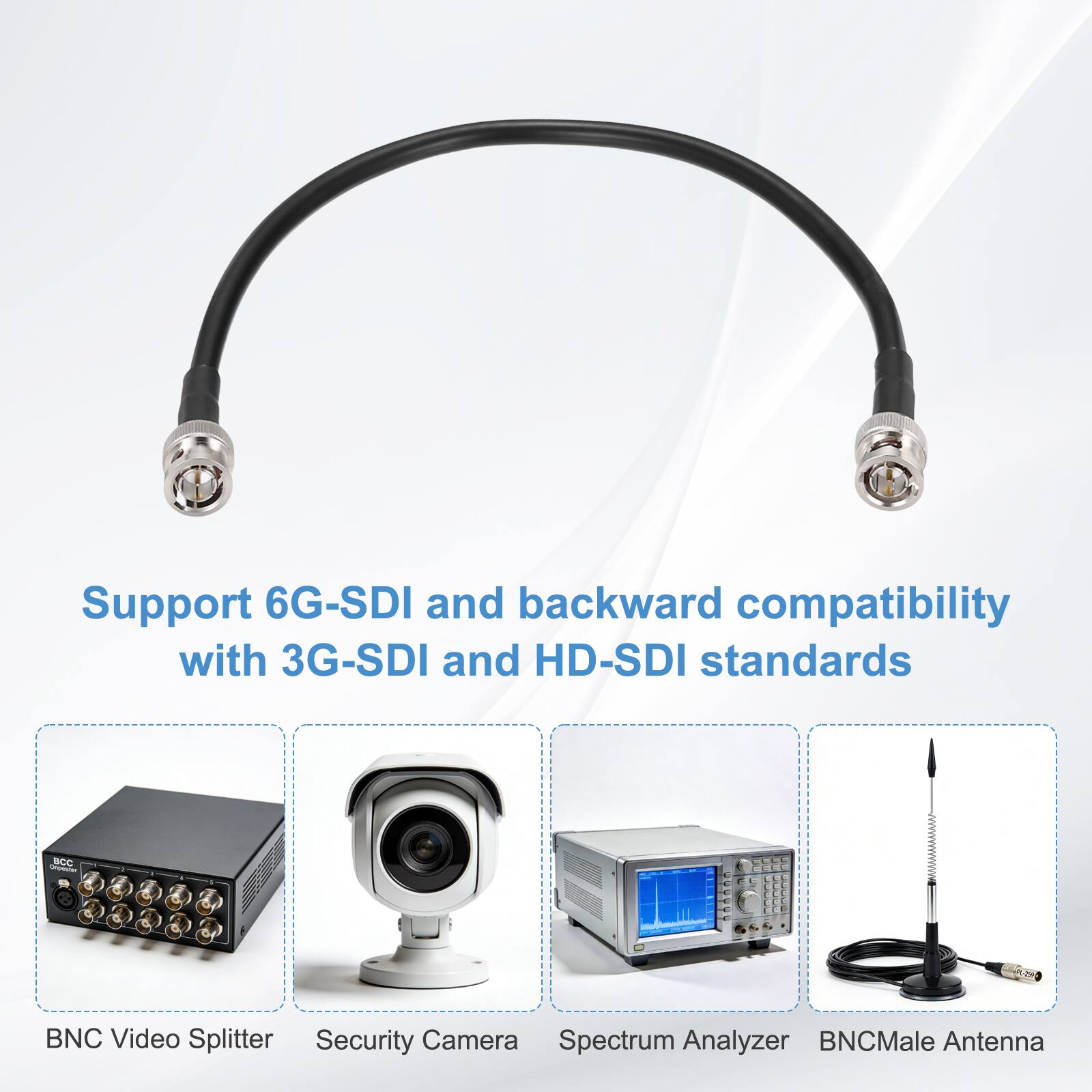 Support 6G-SDI and backward compatibility with 3G-SDI and HD-SDI standards

- BNC Video Splitter
- Security Camera
- Spectrum Analyzer
- BNC Male Antenna