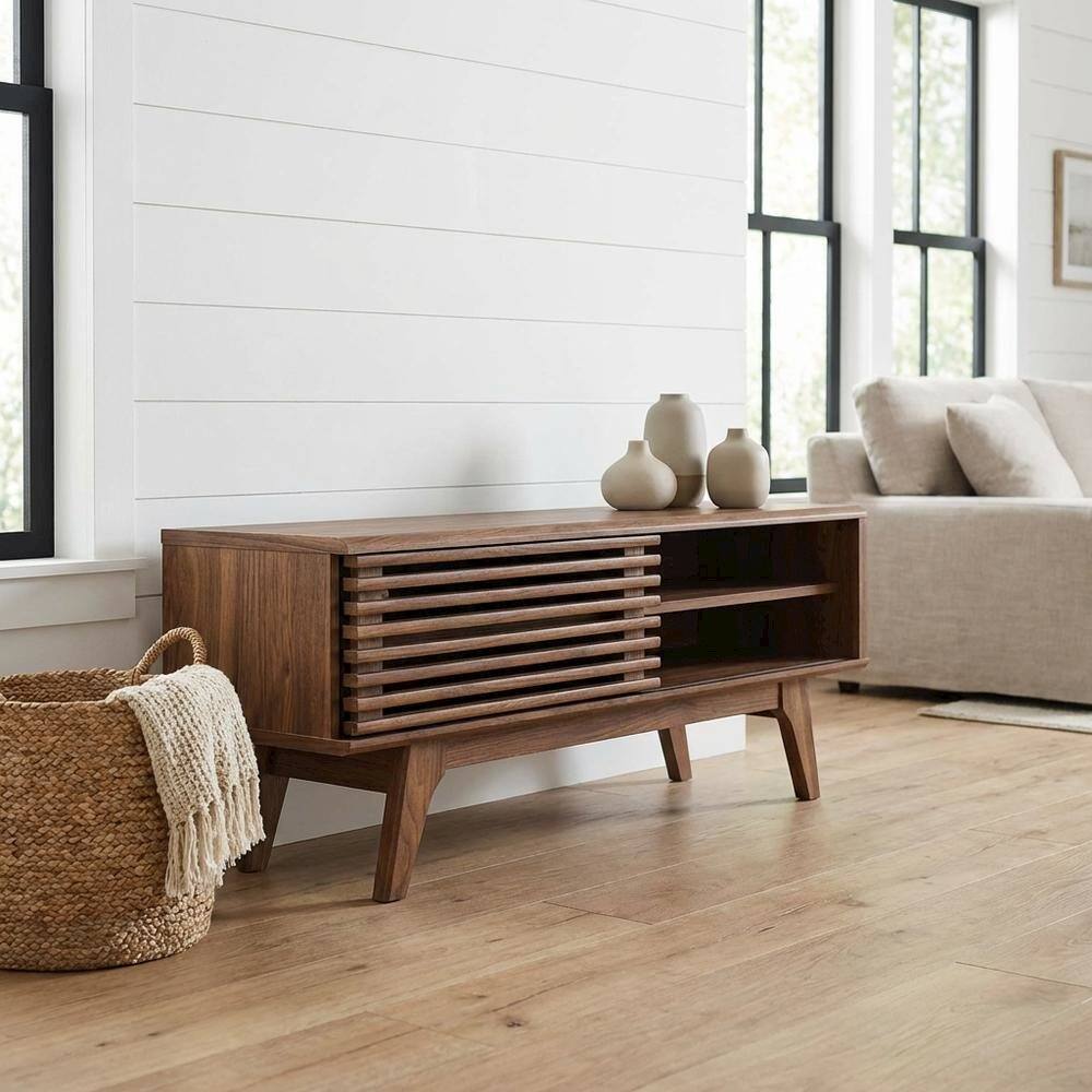 Angle. FurniFact - Wooden brown TV stand with 48-inch width and sleek design - Brown.