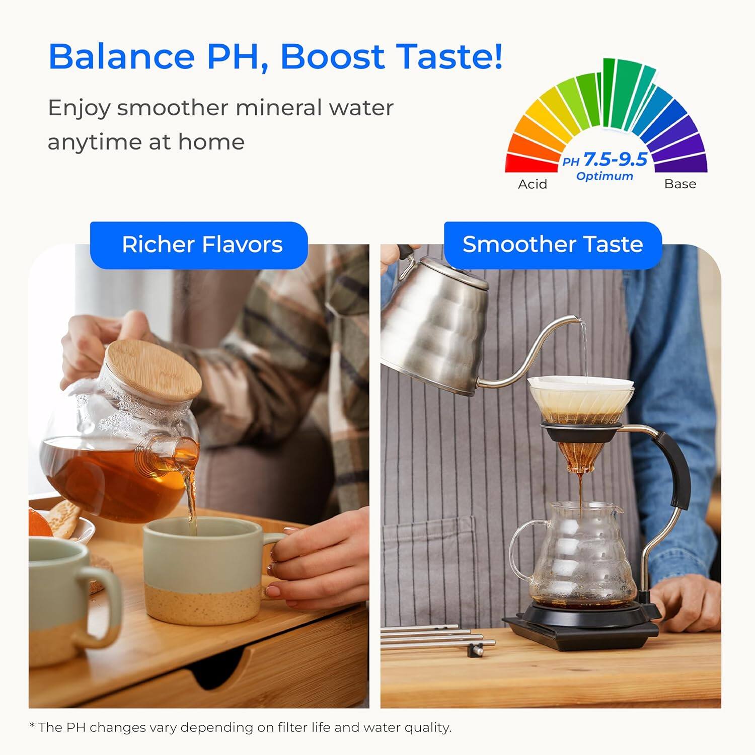 Balance PH, Boost Taste!  
Enjoy smoother mineral water anytime at home  

Acid PH 7.5-9.5 Optimum Base  
Richer Flavors  
Smoother Taste  

The PH changes vary depending on filter life and water quality.