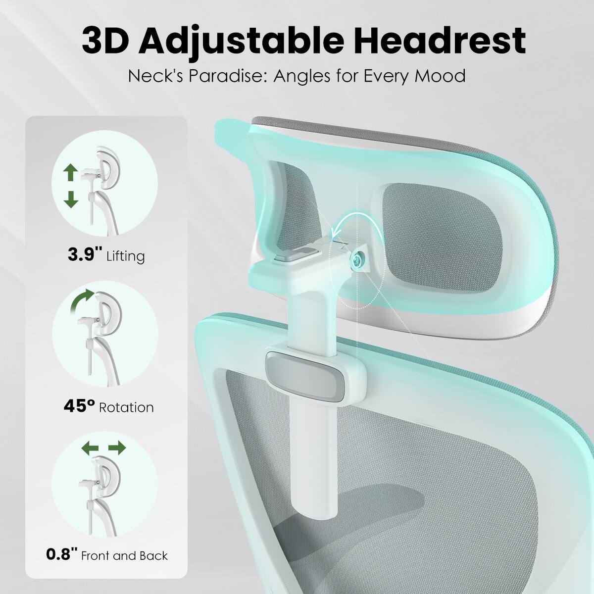 3D Adjustable Headrest  
Neck's Paradise: Angles for Every Mood  

3.9" Lifting  
45° Rotation  
0.8" Front and Back