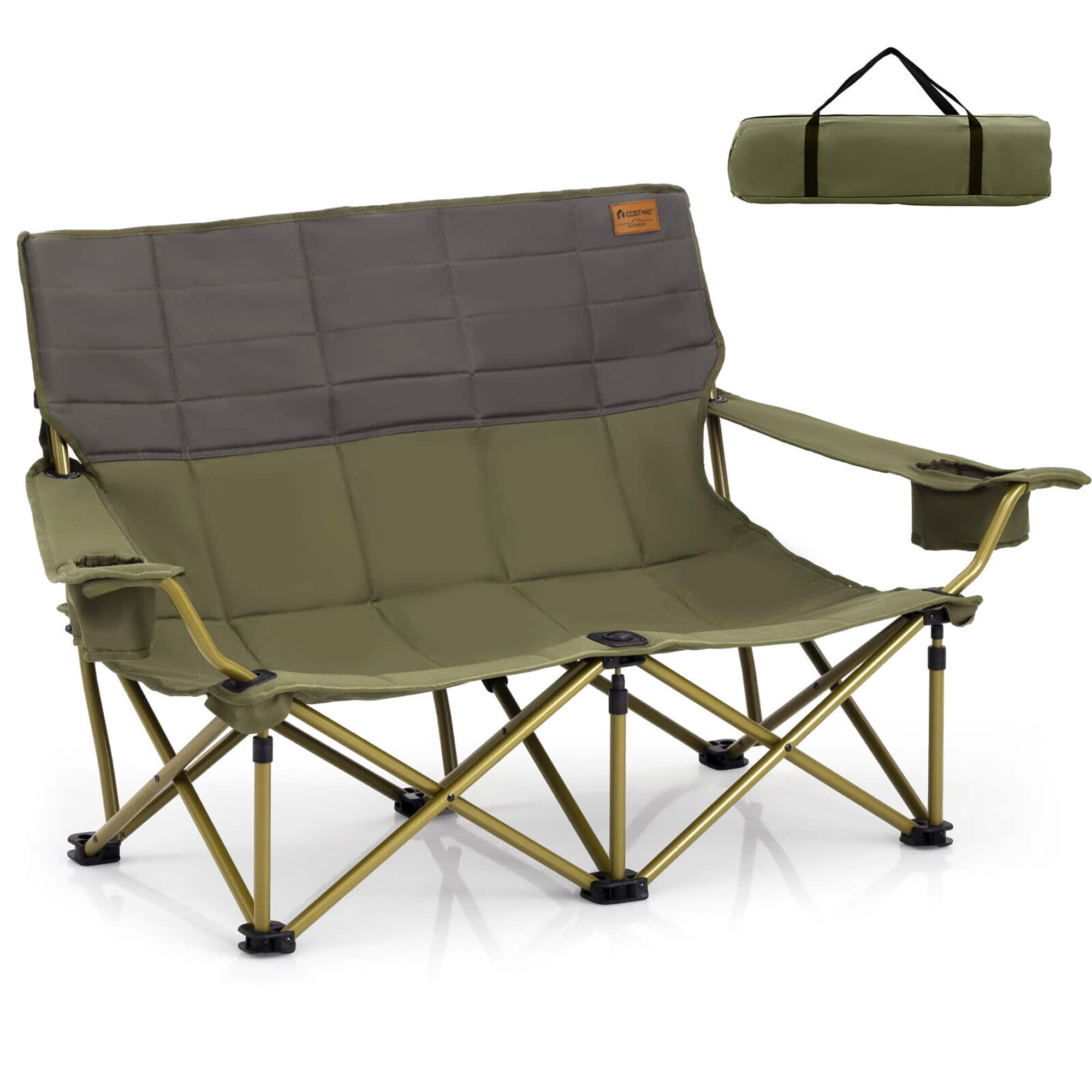 Gymax - Oversized Camping Chair Folding Loveseat Camping Couch w/ Cup Holders & Padding - Green