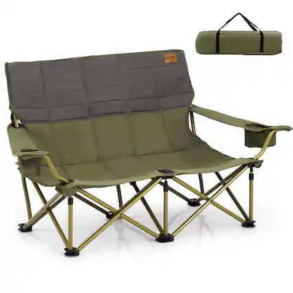 Front. Gymax - Gymax Oversized Camping Chair Folding Loveseat Camping Couch w/ Cup Holders & Padding Green - Green.