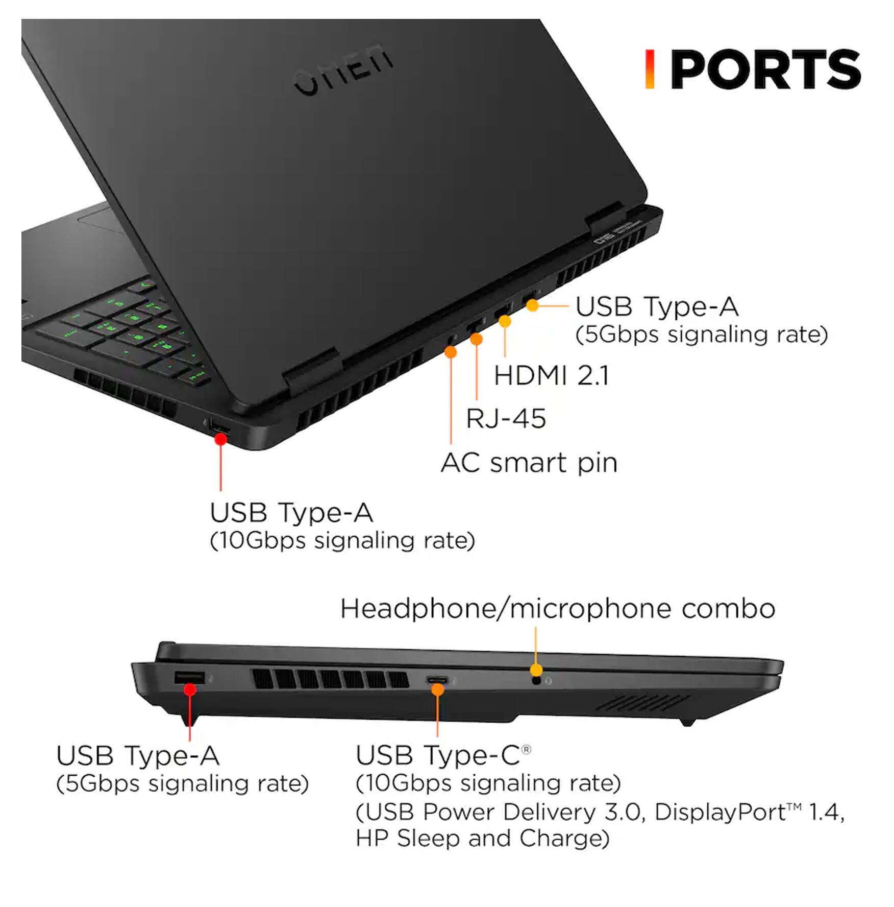 - USB Type-A (5Gbps signaling rate)
- HDMI 2.1
- RJ-45
- AC smart pin
- USB Type-A (10Gbps signaling rate)
- Headphone/microphone combo
- USB Type-A (5Gbps signaling rate)
- USB Type-C (10Gbps signaling rate) (USB Power Delivery 3.0, DisplayPort 1.4, HP Sleep and Charge)