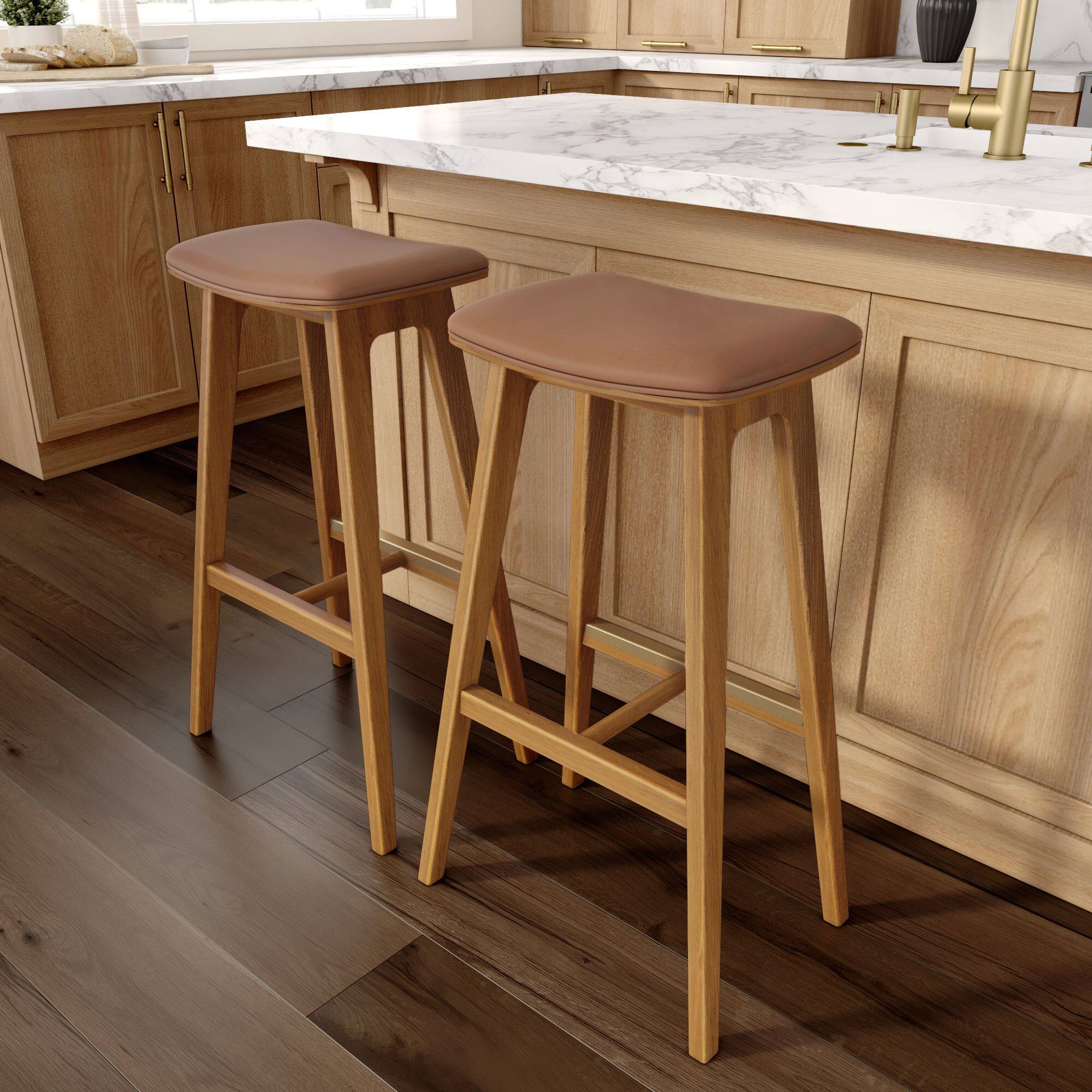 Alt View 9. Plank+Beam - Beryl Upholstered Bar Height Stool (30in) - 4 pack, Pecan/Toffee PU Leather - Pecan/Toffee PU Leather.