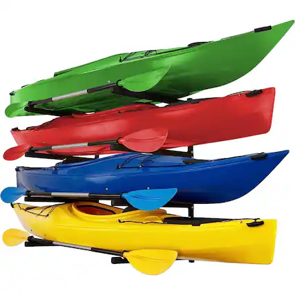 Front. RaxGo - Kayak Storage Rack, Wall Mounted Kayak Storage Hooks for 4 Individual Kayaks - Black.