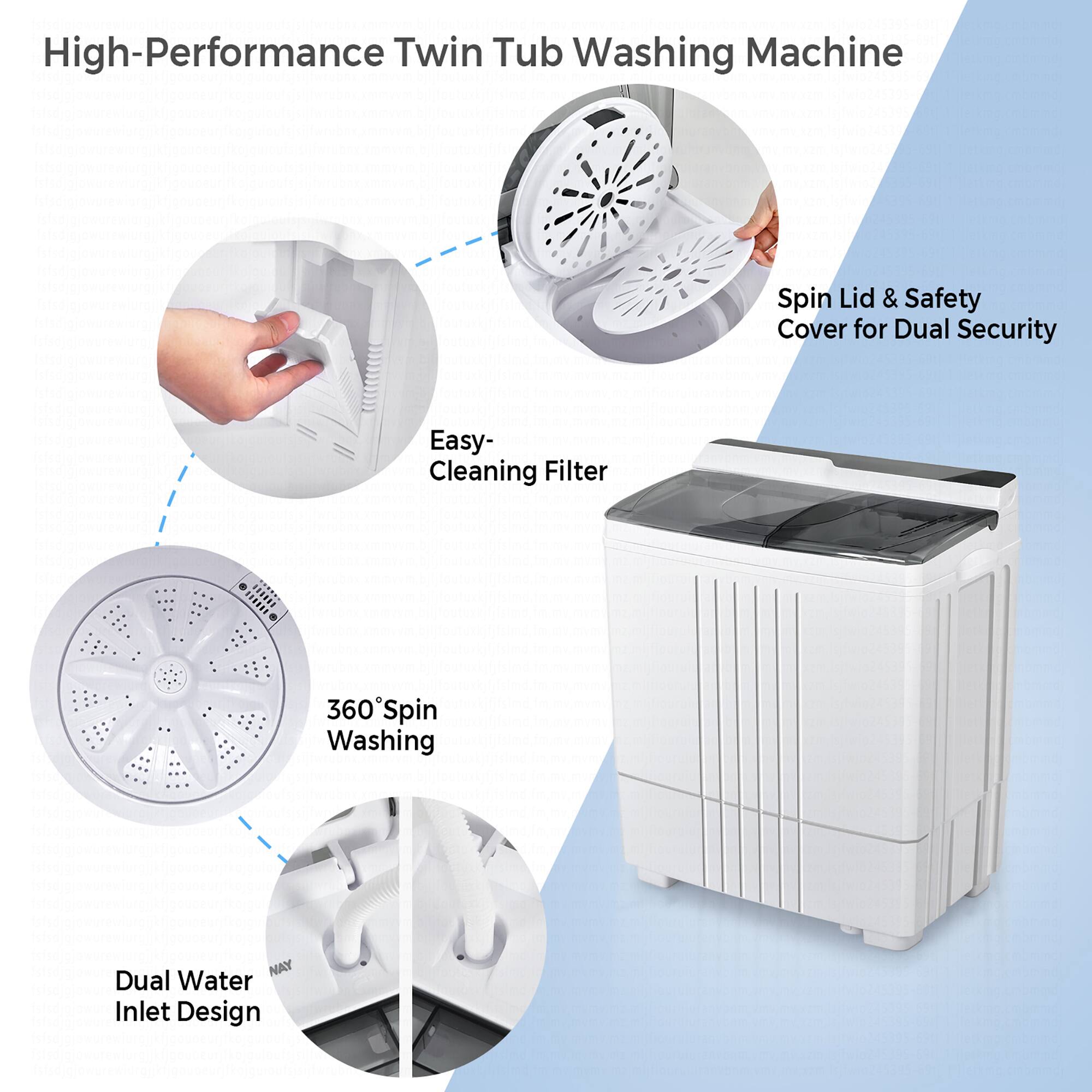 High-Performance Twin Tub Washing Machine Spin Lid & Safety Cover for Dual Security Easy-Cleaning Filter 360Spin 360 Washing NAY Dual Water Inlet Design