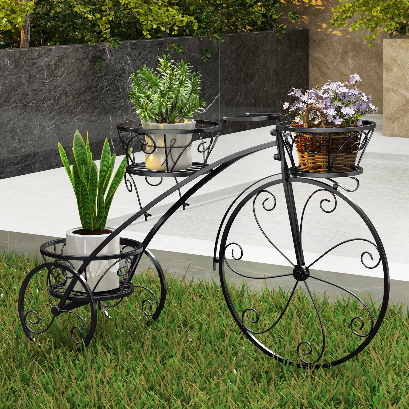 Alt View 3. Gymax - Gymax 3-Tier Bicycle Plant Stand w/ Hollowed Baskets Metal Flower Pot Cart Holder Black - Black.