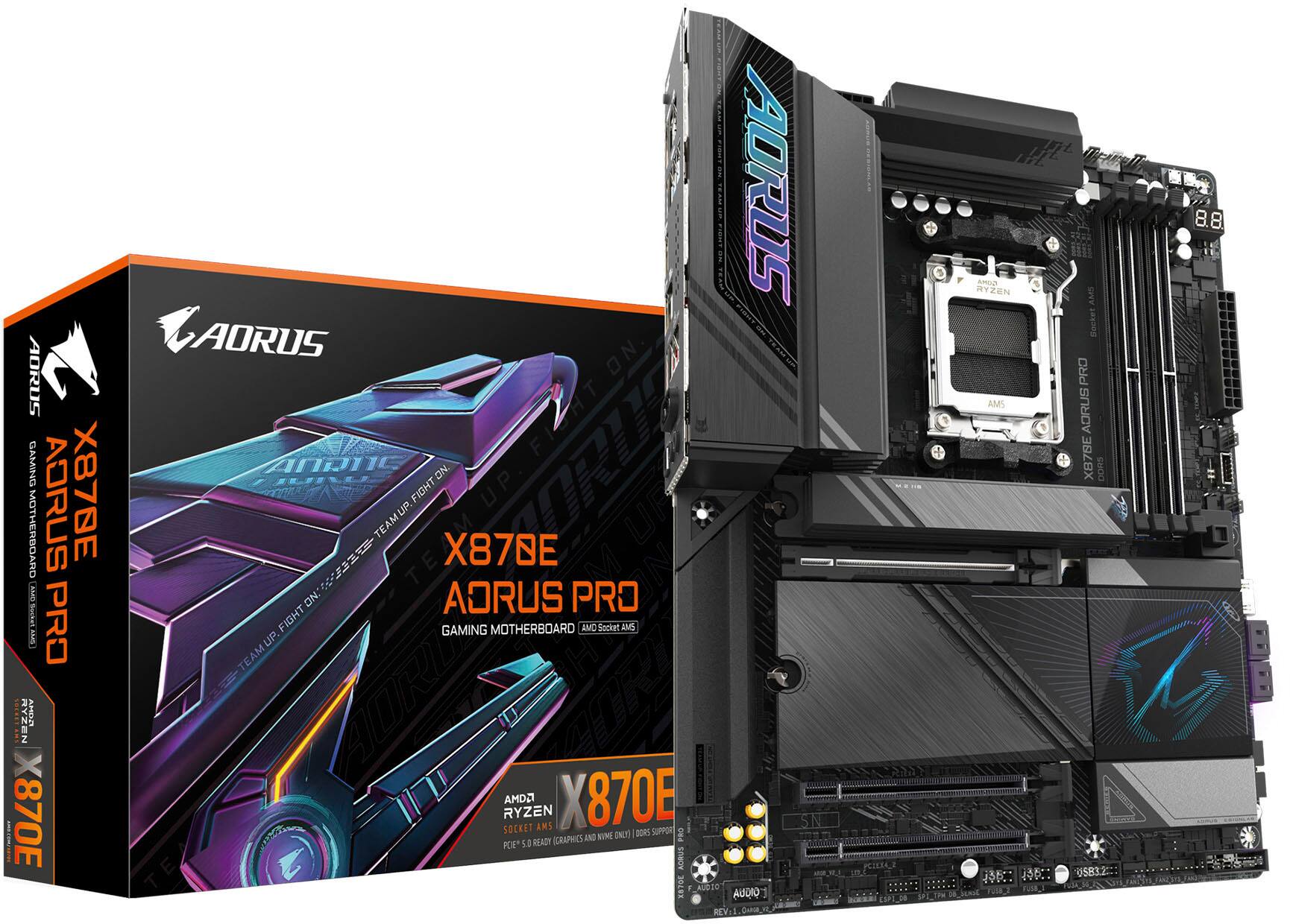AORUS GAMING MOTHERBOARD AORUS X870E hbDBusten PRO AMD RYZEN AMD2 AMS X870E n2 IND ONTO BORDS KE' 5.0 READY GRAPHICS AORUS AUDIO RLV  CIEM. amon RYZEN AMS AMS Socket PRO X878E AORUSPRO AORUS X078E