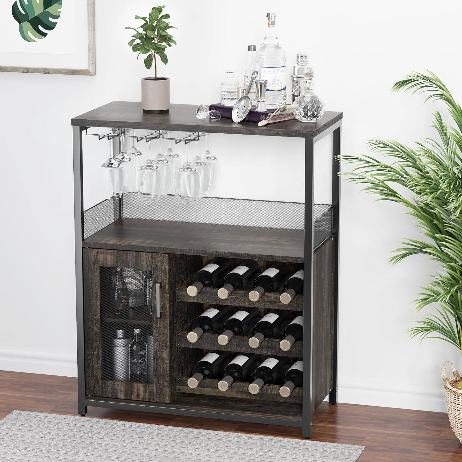 Alt View 4. Homhougo - Dark Gray Wine Bar Rack Cabinet with Detachable Wine Rack, Industrial Coffee Bar, Farmhouse Sideboard - Dark Gray.