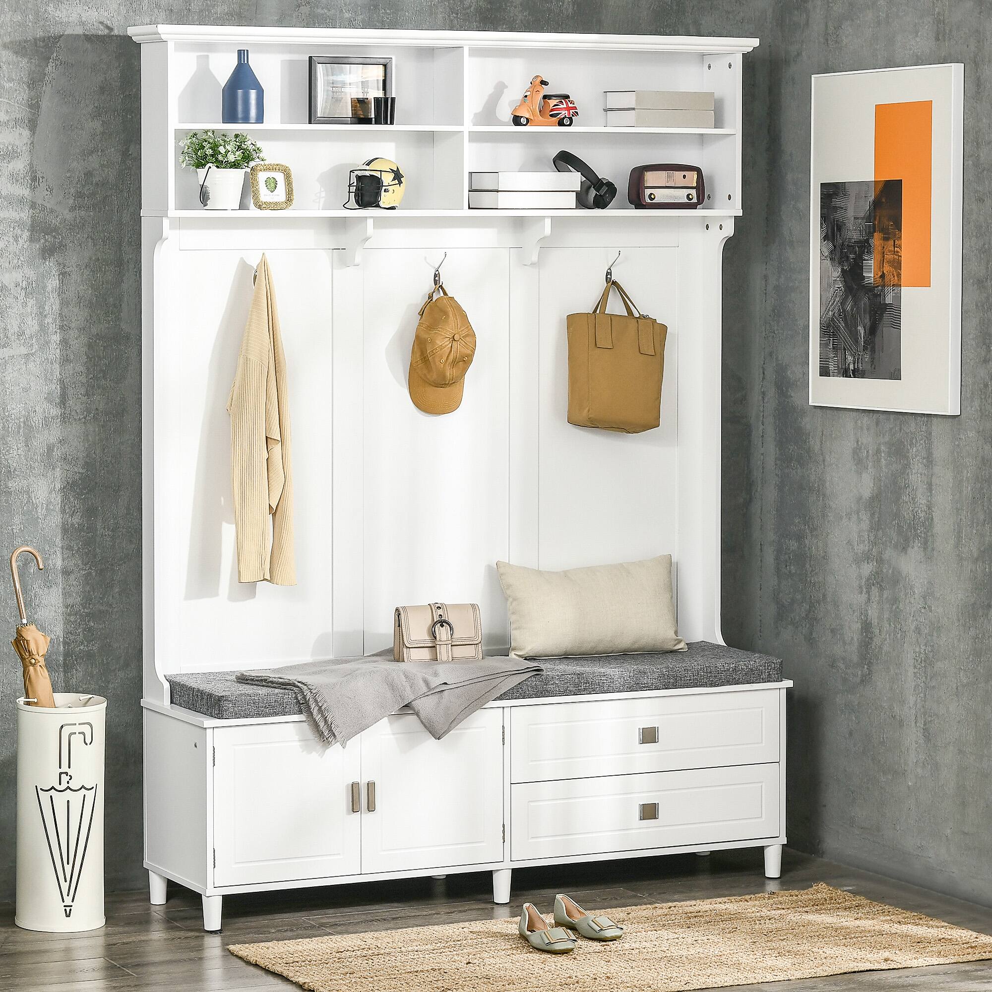 Alt View 1. Homcom - Tree with Storage Bench, Entryway Bench with Coat Rack - White.