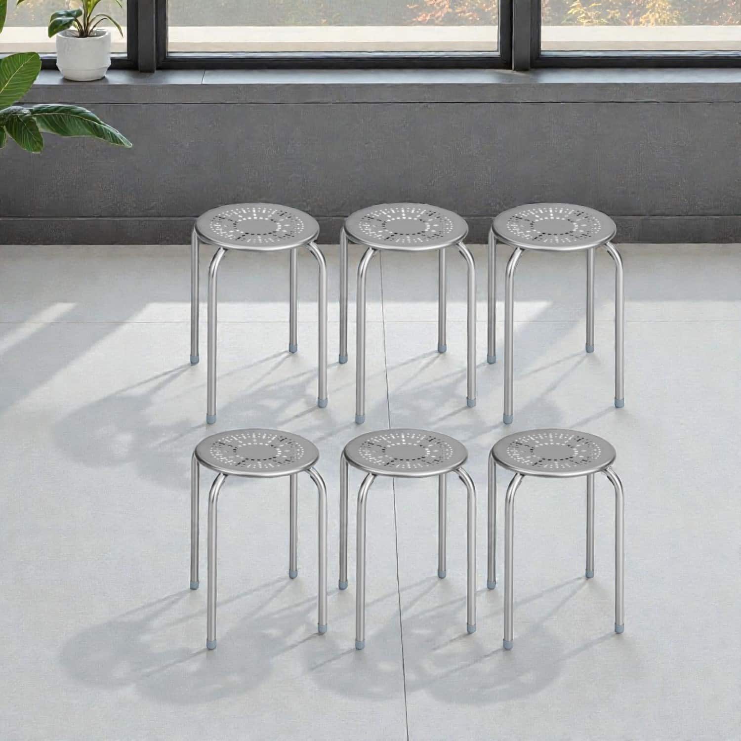 Hivvago - Six-Piece Stackable Metal Stool Set with Round Seat and Floral Design - Gray