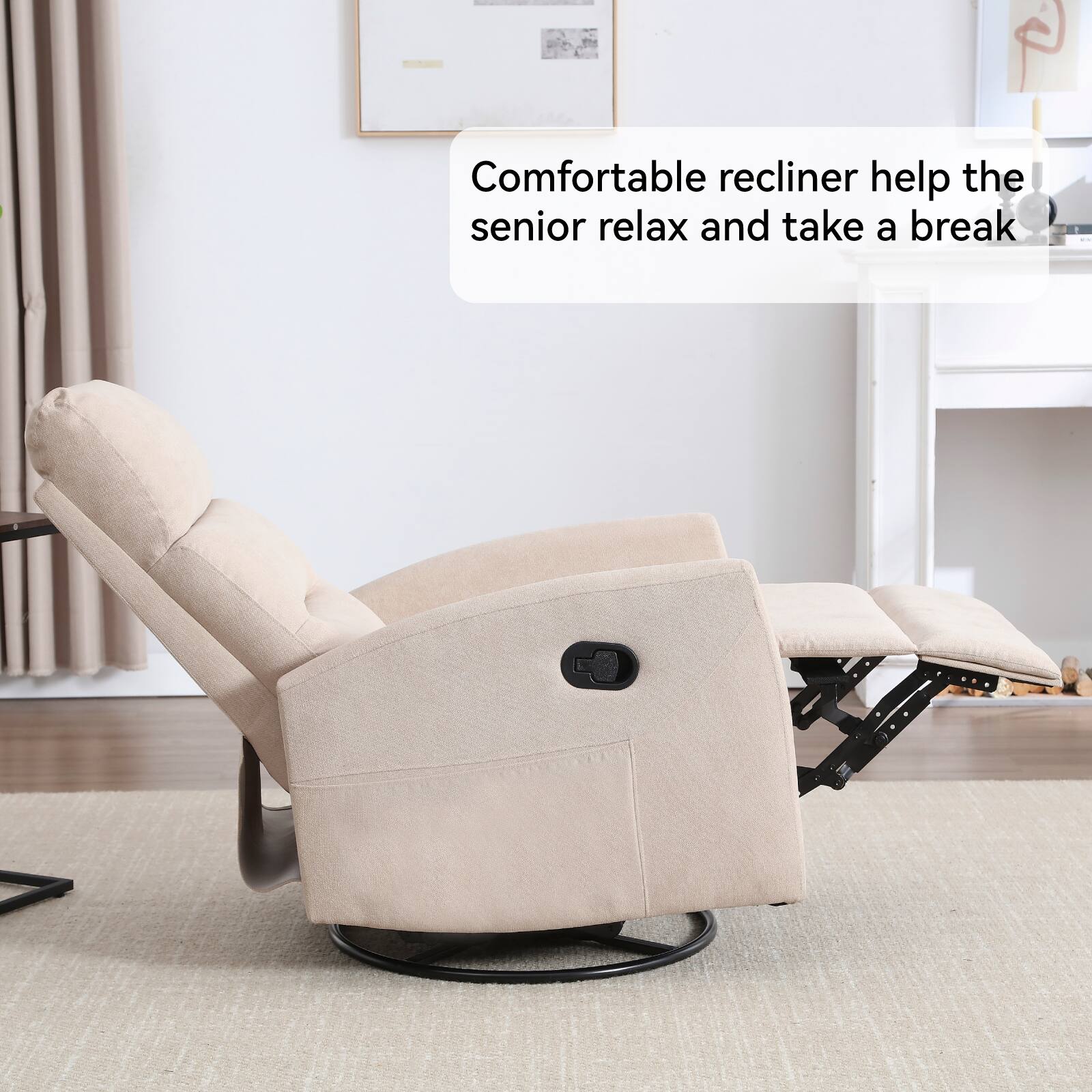 Comfortable recliner helps the senior relax and take a break.
