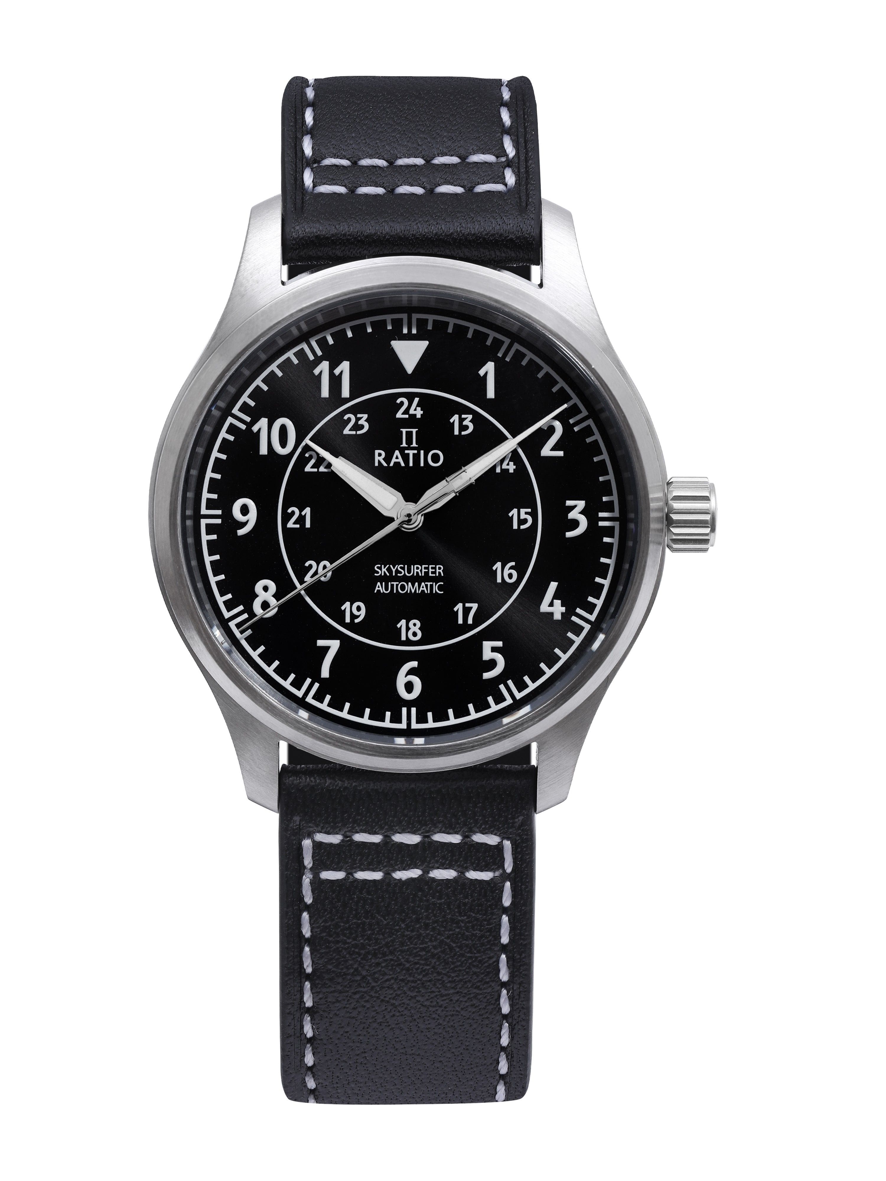 RATIO - Skysurfer Pilot Sunray Dial Leather Automatic RTS314 200M Men's Watch - Black