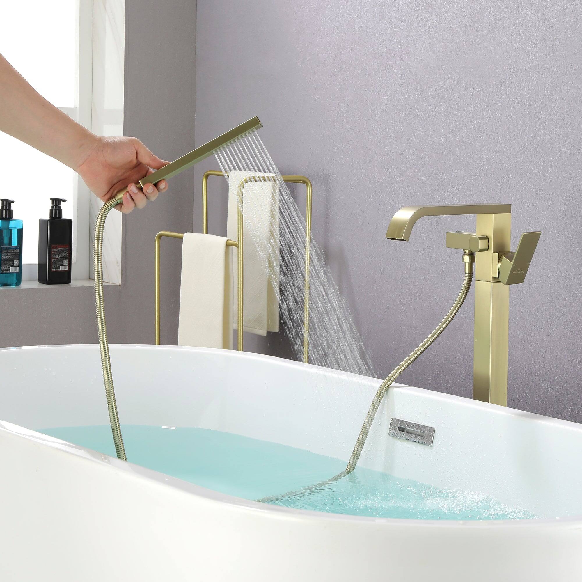 Alt View 10. Boyel Living - Freestanding Floor Mount Single Handle Bath Tub Filler Faucet with Handheld Shower in Brushed Gold - Brushed Gold.