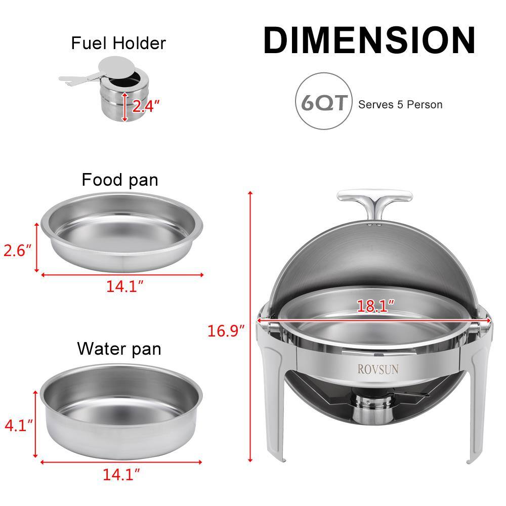 Fuel Holder  
2.4"  

Food pan  
2.6" x 14.1"  

Water pan  
4.1" x 14.1" x 16.9"  

6QT  
Serves 5 Person  

18.1"