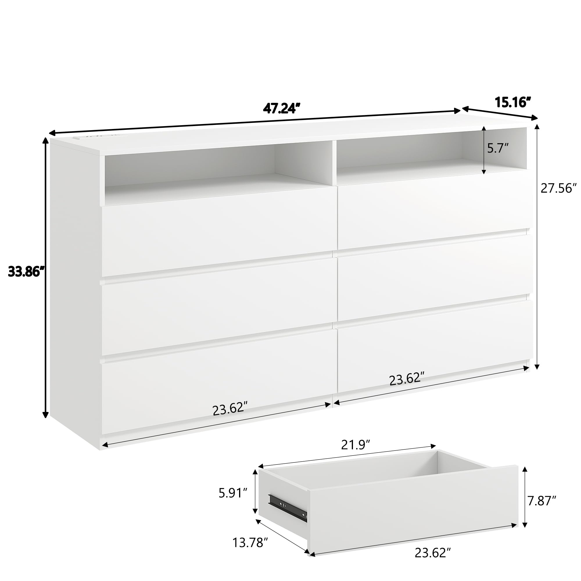 Sure, here is the corrected and grouped text from the image:

- Width: 47.24"
- Depth: 15.16"
- Shelf Depth: 5.7"
- Height: 33.86"
- Drawer Height: 5.91"
- Drawer Width: 23.62"
- Drawer Depth: 13.78"
- Bottom Shelf Height: 27.56"
- Bottom Shelf Width: 23.62"
- Bottom Shelf Depth: 21.9"
- Bottom Shelf Height: 7.87"
- Bottom Shelf Width: 23.62"