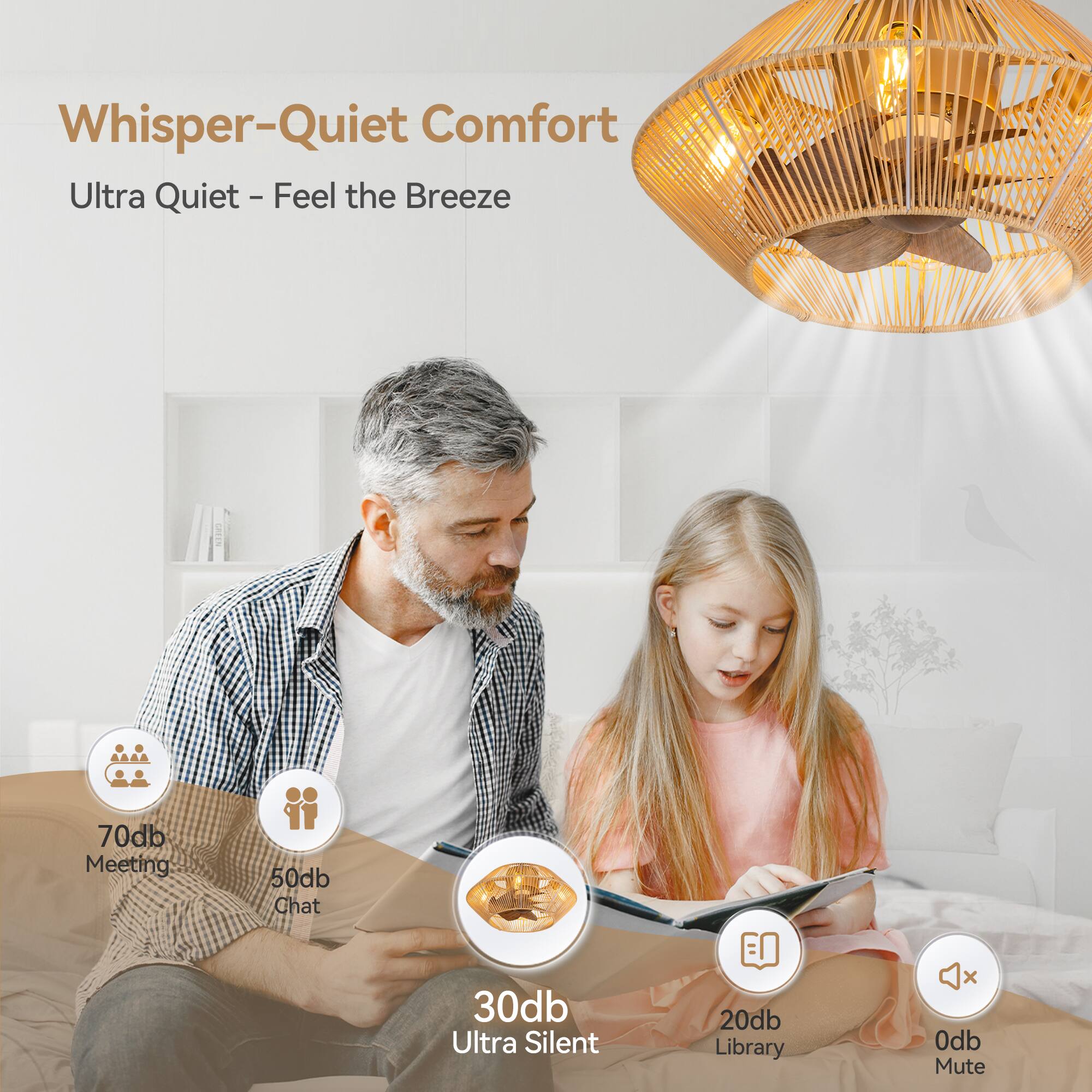 Whisper-Quiet Comfort, Ultra Quiet - Feel the Breeze, 70db Meeting, 50db Chat, 30db Ultra Silent, 20db Library, 0db Mute