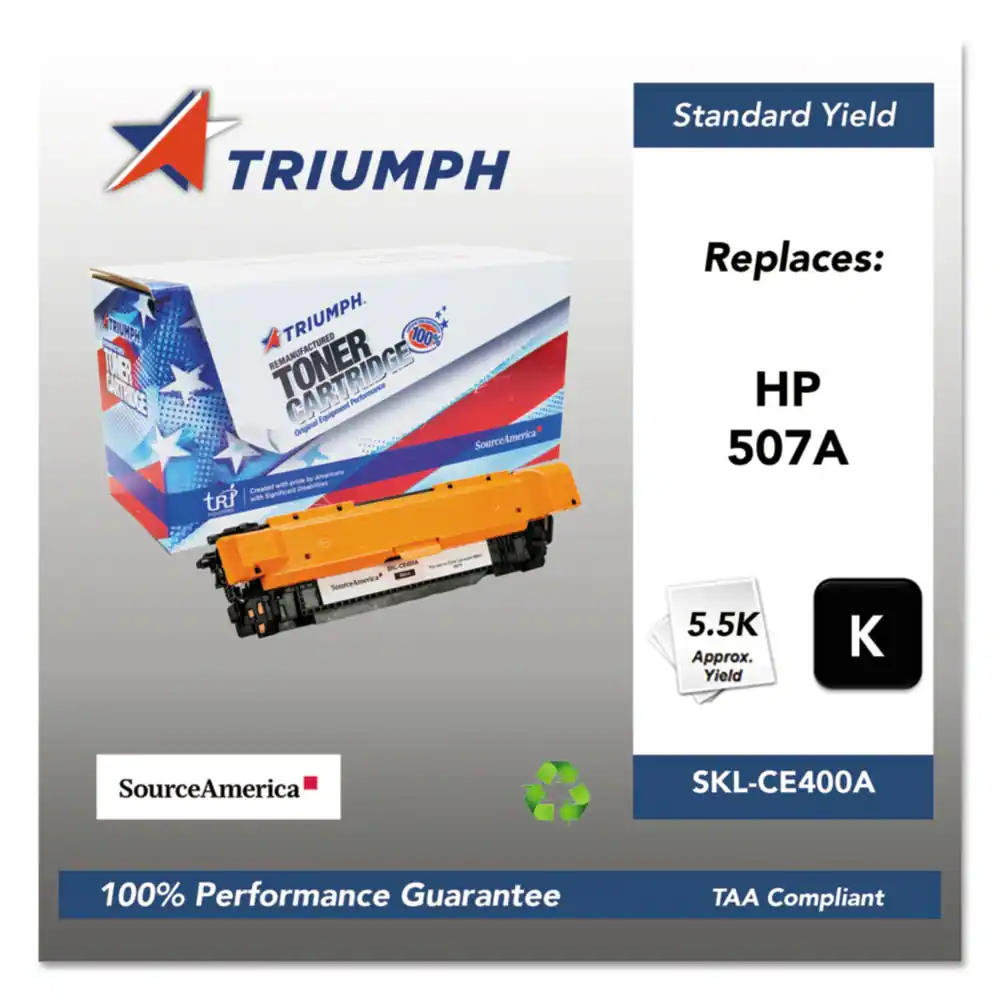 TRIUMPH Standard Yield  
EUT DRTDE TRIUMPH  
ACTURED 100 REMANUFACTURED TONER CARTRIDGE  
SourceAmerica Source Replaces: HP 507A  
5.5K Approx. Yield  
SourceAmerica SKL-CE400A  
100% Performance Guarantee  
TAA Compliant