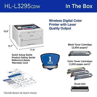 HL-L3295CDW  
In The Box

Wireless Digital Color Printer with Laser Quality Output

10.8"  
15.7"  
17.6"

Quick Setup Guide  
Product Safety Guide  
Reference Guide  
Warranty Card

1 YEAR

Black Toner Cartridge (2,300 pages)*

Color Toner Cartridges (1,200 pages each)*

Drum Unit

*Scroll down to learn more