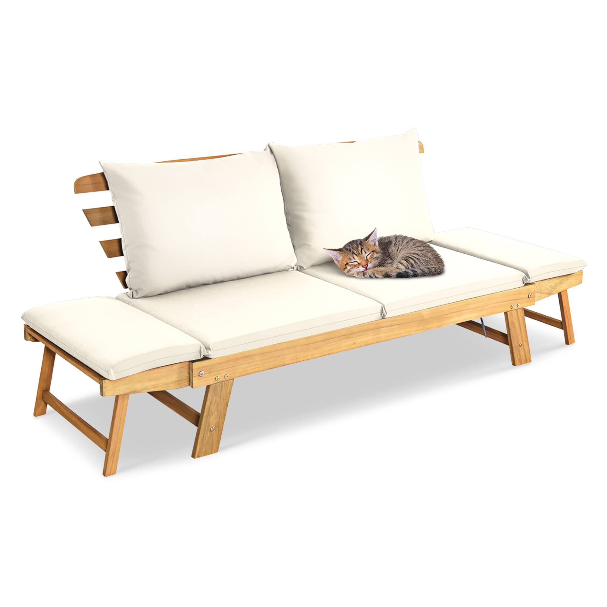 Alt View 8. Gymax - Gymax Adjustable Patio Sofa Daybed Acacia Wood Furniture w/ White Cushions - as pic.