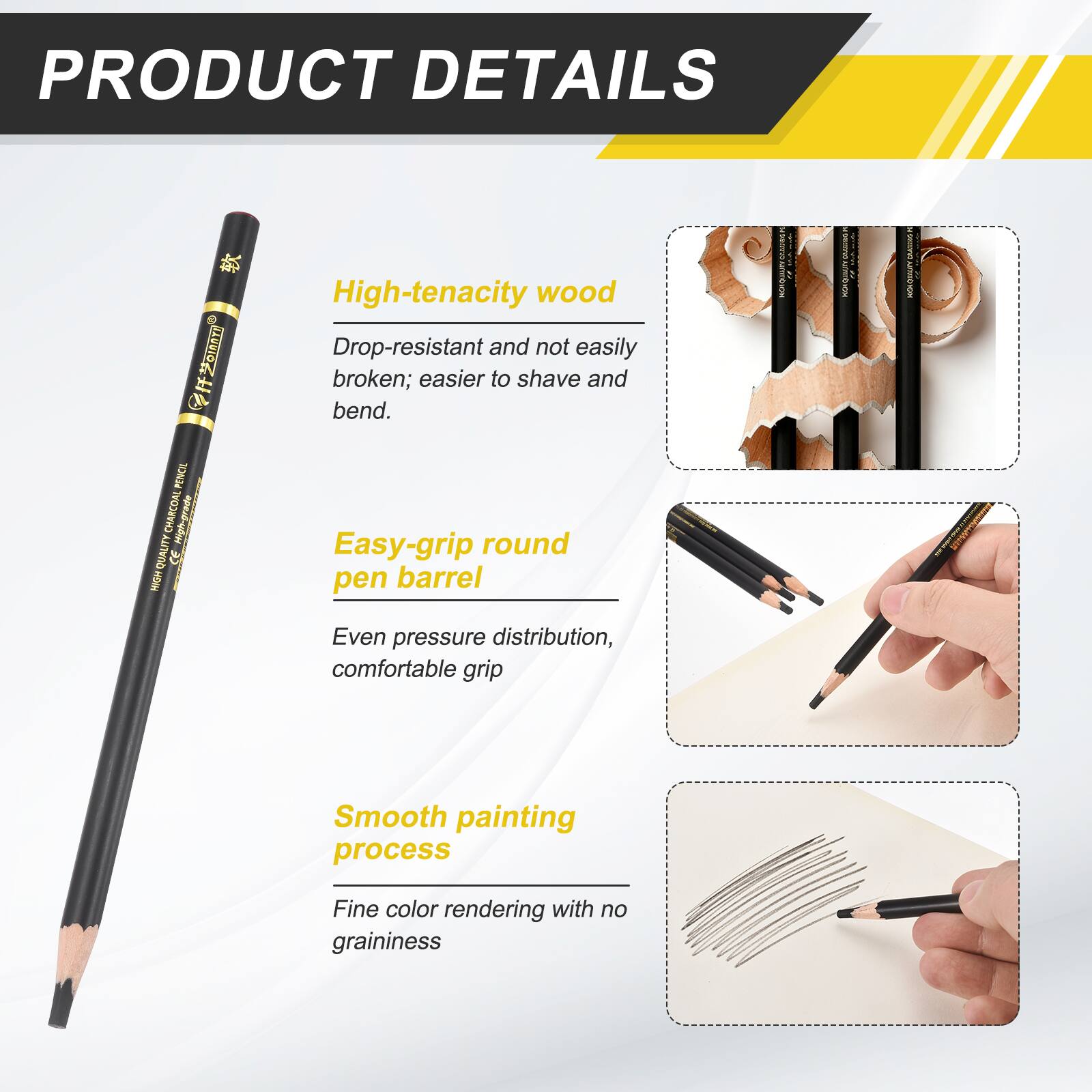PRODUCT DETAILS

High-tenacity wood
Drop-resistant and not easily broken; easier to shave and bend.

Easy-grip round pen barrel
Even pressure distribution, comfortable grip

Smooth painting process
Fine color rendering with no graininess