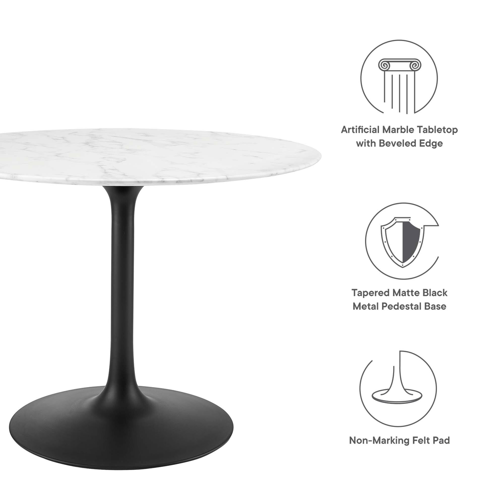 Artificial Marble Tabletop with Beveled Edge  
Tapered Matte Black Metal Pedestal Base  
Non-Marking Felt Pad
