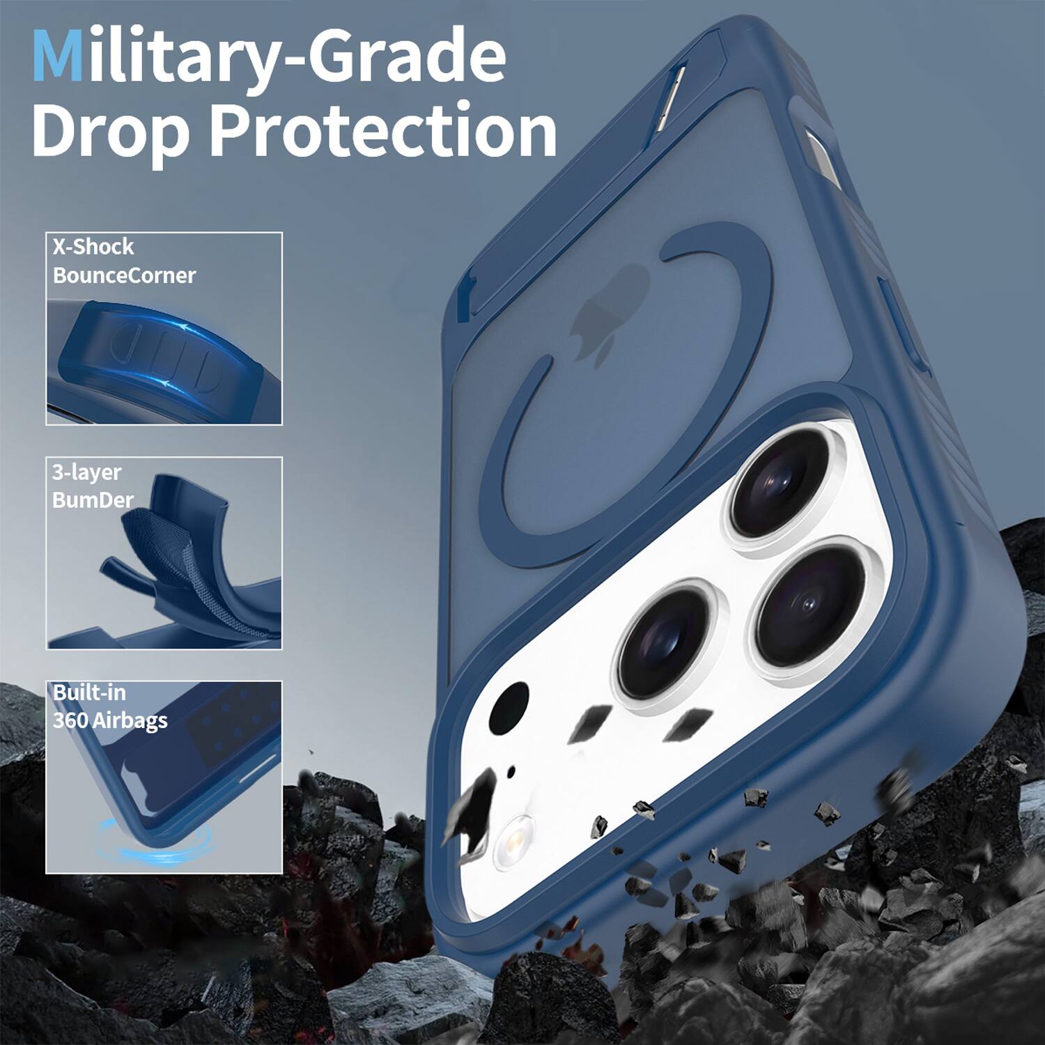 Military-Grade Drop Protection  
X-Shock BounceCorner  
3-layer BumDer  
Built-in 360 Airbags