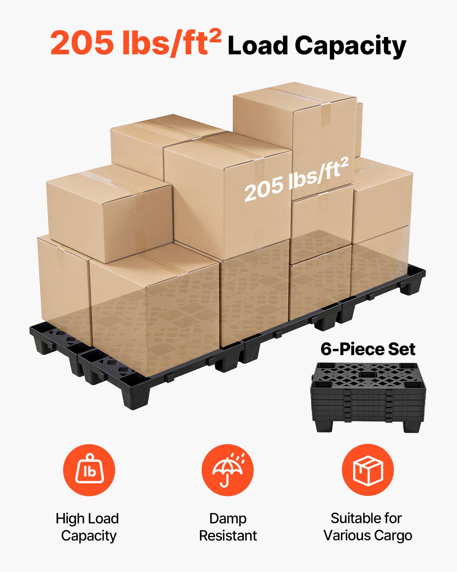 205 lbs/ft² Load Capacity  
205 lbs/ft²  
6-Piece Set  
High Load Capacity  
Damp Resistant  
Suitable for Various Cargo