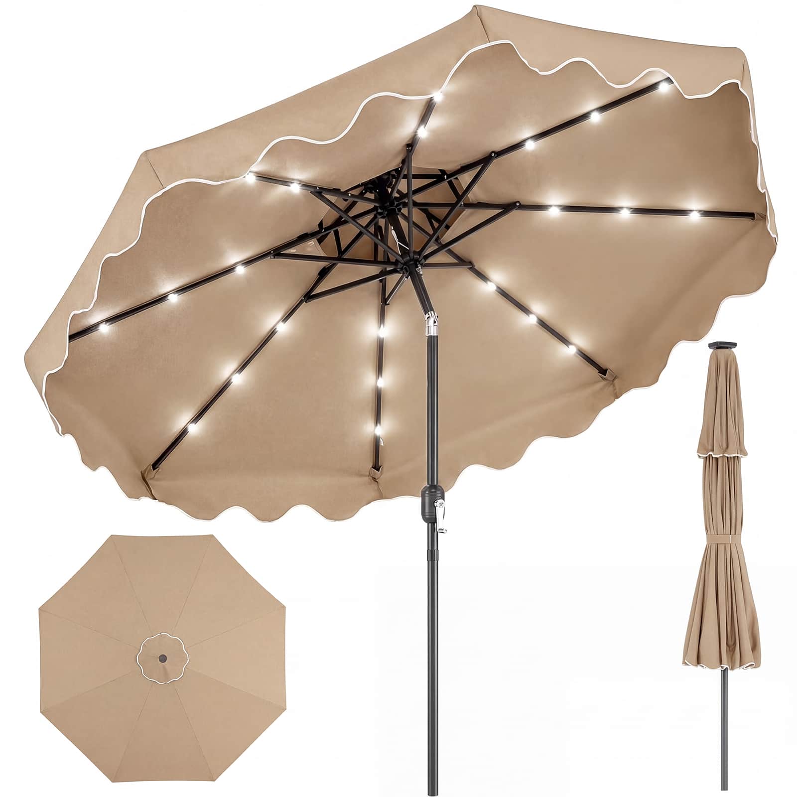 Costway - 9 FT Solar LED Patio Umbrella, Push-Button Tilt & Crank, 24 LED Lights & 8 Ribs - Brown price history on PriceWatchPro