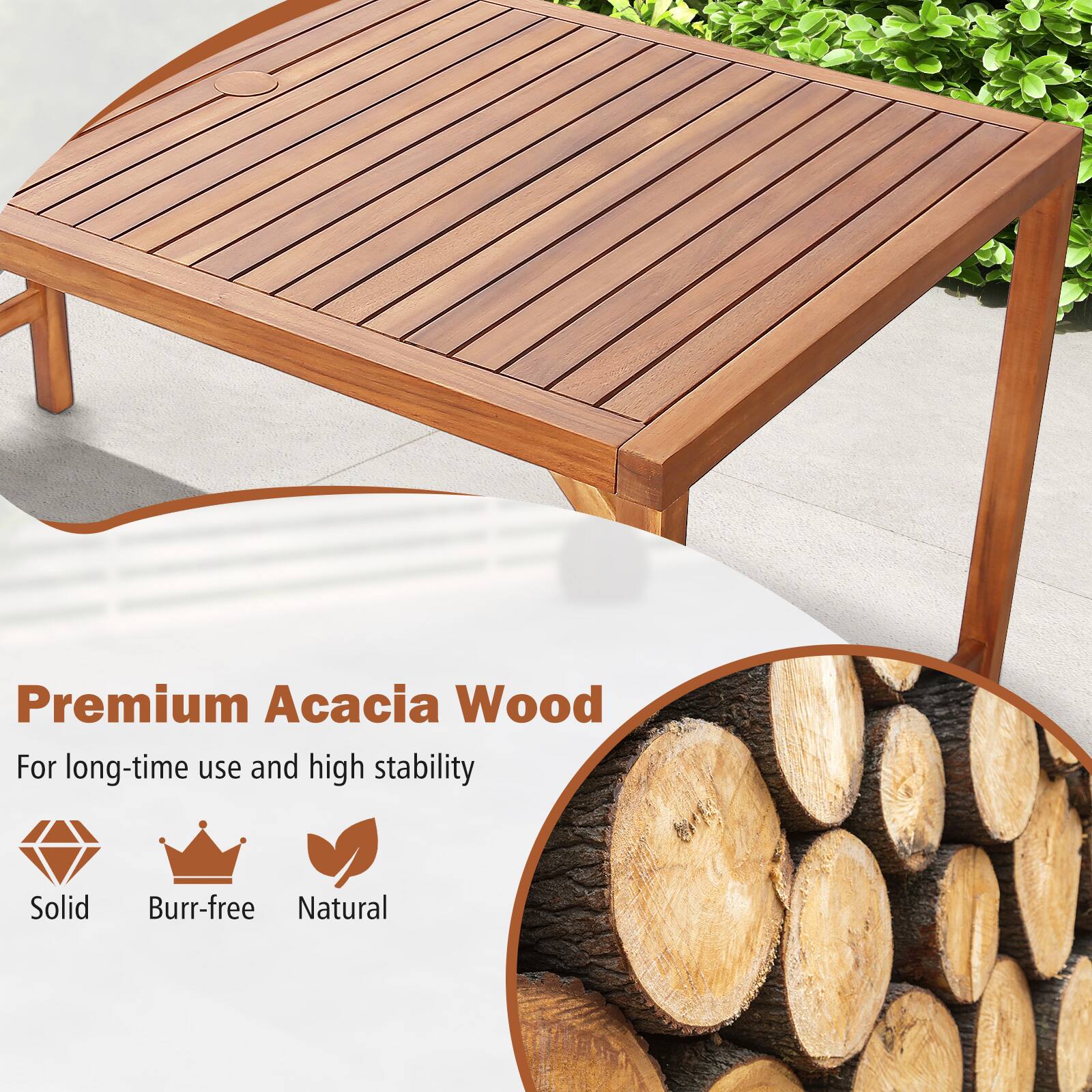 Premium Acacia Wood  
For long-time use and high stability  

Solid  
Burr-free  
Natural