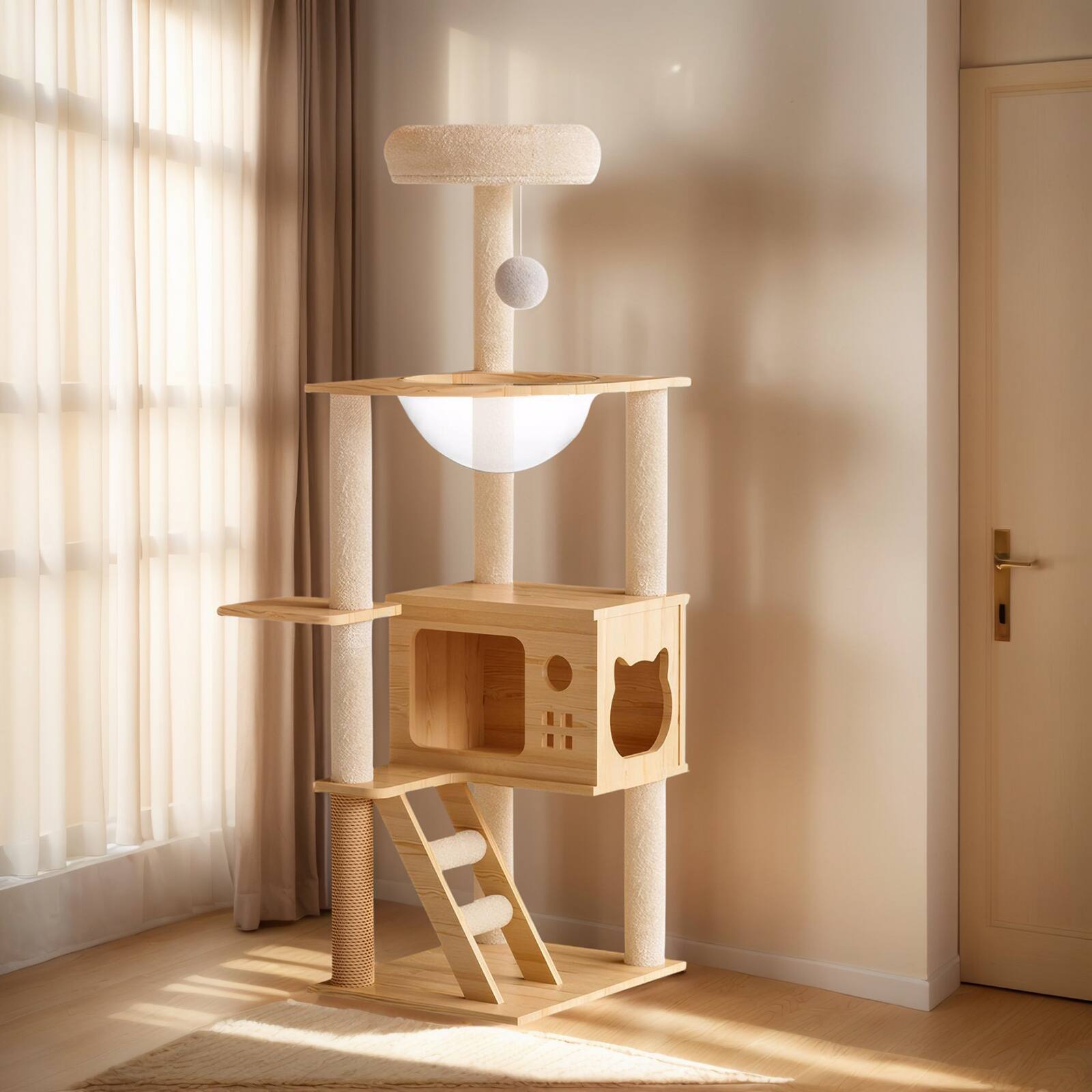 Alt View 1. Siljoy - 48.8" Modern Wood Cat Tree Tower with Sisal Scratching Posts, Acrylic Hammock & Top Perch for Indoor Cats.