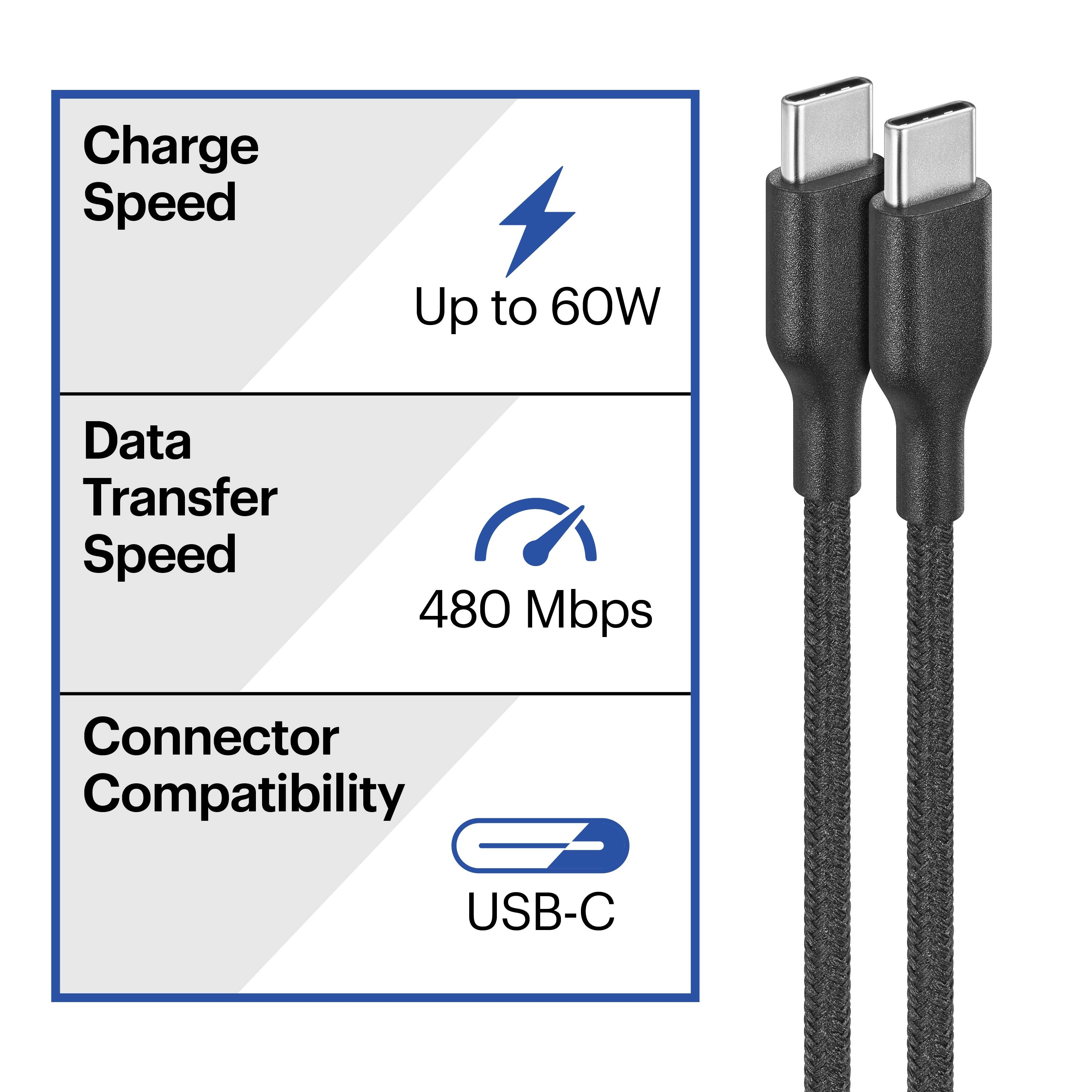 The image shows a USB-C cable with a USB-C connector on the end. The cable is black and has a blue lightning bolt symbol. The text on the image states that the charge speed is up to 60W, the data transfer speed is 480 Mbps, and the connector is compatible with USB-C.