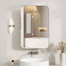 FUFU & GAGA - Ultra-Thin Wood Grain Bathroom Mirror Cabinet – Wall Mount / Recessed, Adjustable Shelves - Black