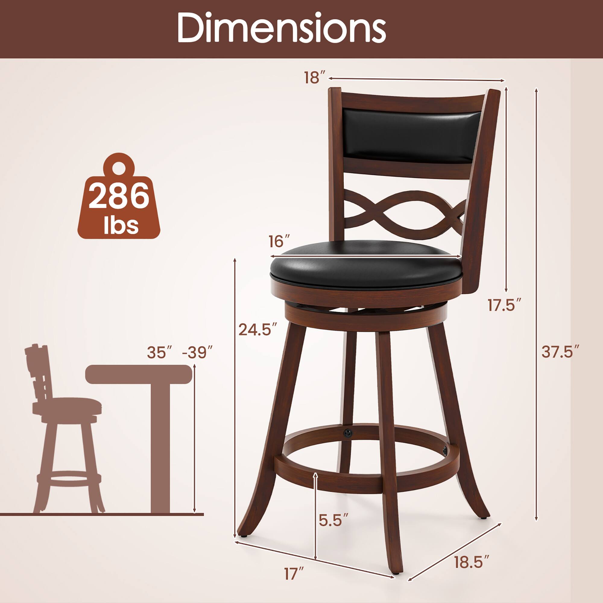 Dimensions: 18", 16", 35" - 39", 24.5", 17.5", 37.5", 5.5", 17", 18.5"

Weight: 286 lbs