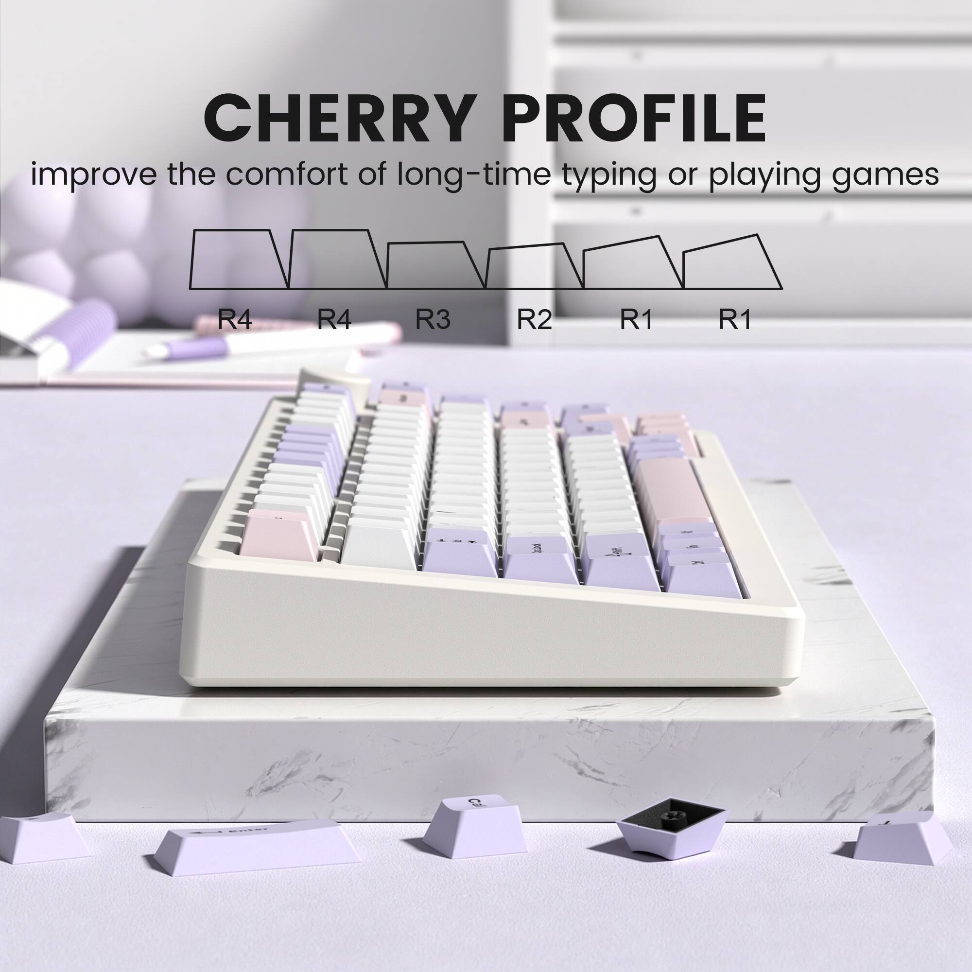 CHERRY PROFILE  
improve the comfort of long-time typing or playing games  

R4  
R4  
R3  
R2  
R1  
R1