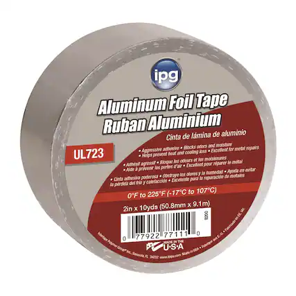 ipg Aluminum Foil Tape
Ruban Aluminium
Cinta de lámina de aluminio
- Aggressive adhesive
- Blocks odors and moisture
- Helps prevent heat and cooling loss
- Excellent for metal repairs
UL723
- Adhésif agressif
- Bloque les odeurs et les moisissures
- Aide à prévenir les pertes de chaleur et de refroidissement
- Excellent pour la réparation de métal
0°F to 225°F (-17°C to 107°C)
2in x 10yds (50.8mm x 9.1m)
MADE IN THE U.S.A.
Fabricado en EE.UU.
Intertape Polymer Group Inc.
Sarasota, FL 34232
www.itape.com
