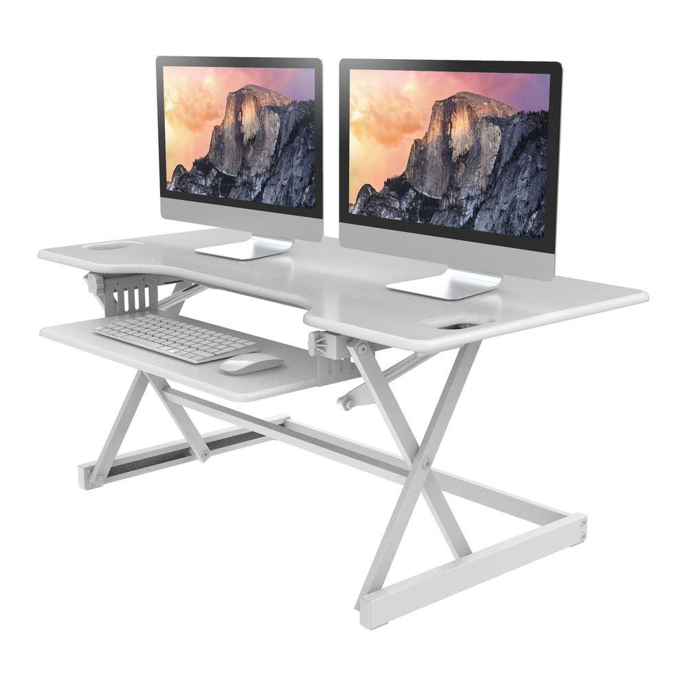 Back. Rocelco - 46" Large Height Adjustable Standing Desk Converter, Quick Sit Stand Up Triple Monitor Riser, Retractable Keyboard Tray - White.
