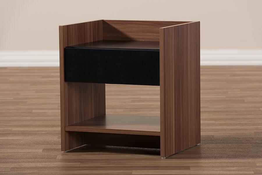 Alt View 2. Baxton Studio - Vanda Modern and Contemporary Two-Tone Walnut and Wood 1-Drawer Nightstand - Black/"Walnut" Brown.