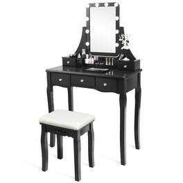 Ecooso - Makeup Vanity Desk with 10 Dimmable Bulbs, Divider Organizer and Cozy Stool for Dressing Room - Black