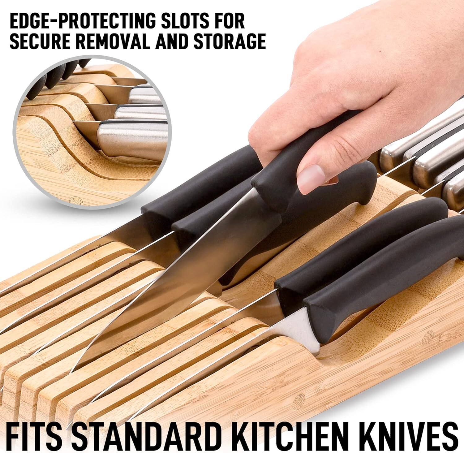 EDGE-PROTECTING SLOTS FOR SECURE REMOVAL AND STORAGE

FITS STANDARD KITCHEN KNIVES