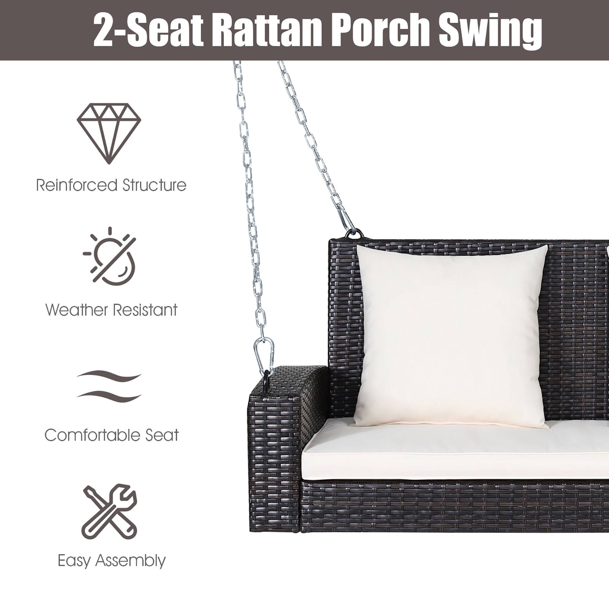 2-Seat Rattan Porch Swing

- Reinforced Structure
- Weather Resistant
- Comfortable Seat
- Easy Assembly