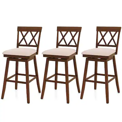 Front. Costway - 3 PCS 29" Bar Stool Wooden Chair with Contoured Backrest Swivel Padded Seat for Kitchen - White/Gray.