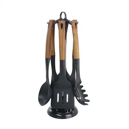 Front. MegaChef - MegaChef Black Nylon Cooking Utensils with Wood Design, Set of 7 - Black.